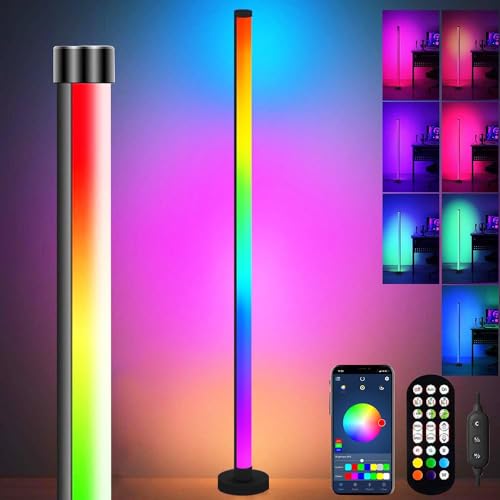 Rosnek LED Stehlampe Wohnzimmer, 120cm RGB Stehlampe Dimmbar mit Fernbedienung und APP, 16 Millionen Farben, Musikmodi, DIY-Modus & Timing -Funktion für Schlafzimmer, Spielzimmer, Büro, Lesesaal von Rosnek