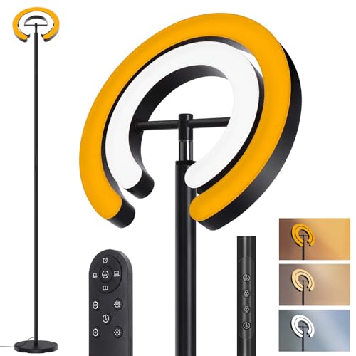 Rosnek Stehlampe Wohnzimmer, 36W LED Deckenfluter mit Fernbedienung, 312° Drehbarem Doppelring, Dimmbar 1900K-6500K, Modern Standleuchte für Schlafzimmer Büro Hotel, 192 cm, Schwarz von Rosnek