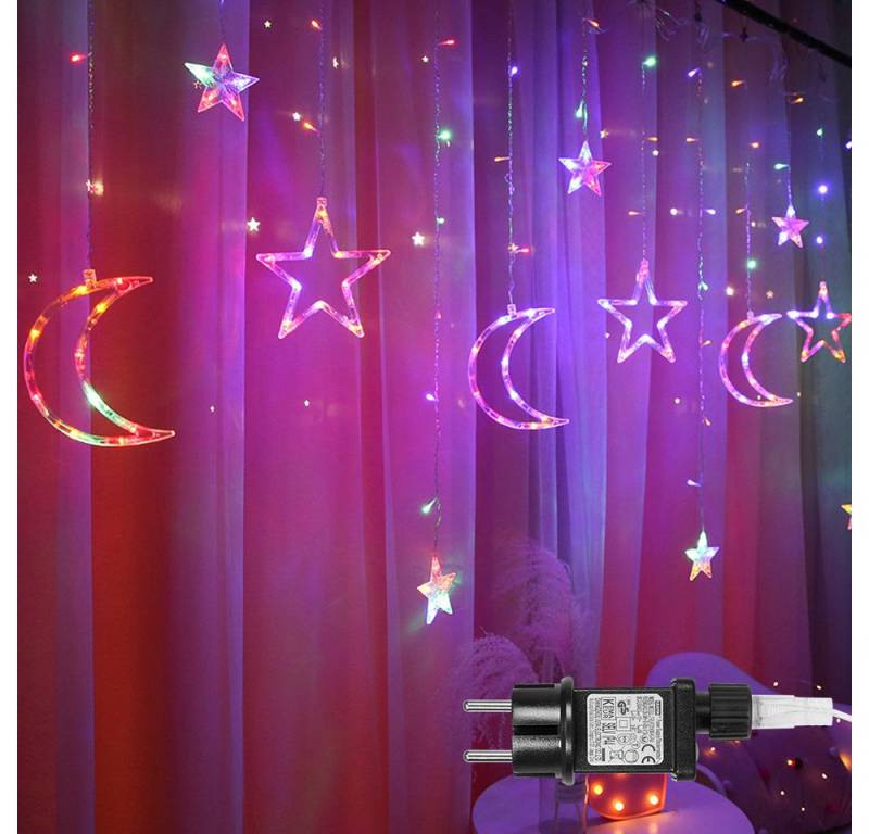 Rosnek Lichtervorhang Sterne Mond Weihnachten Lichterkette mit Stecker, 8 Modi 3.5M, LED Lichterkette für Schlafzimmer Hochzeit Party, Speicherfunktion von Rosnek