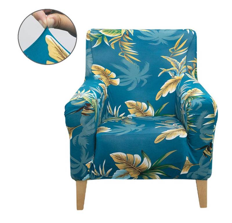 Rosnek Sofahusse Sofabezug 1 Sitzer Sesselhusse Sofaüberzug Elastisch Universal, Rutschfest Gummiband Spandex Blume-Blatt-Muster Blau von Rosnek