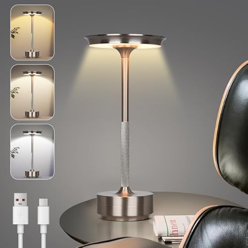 Rosnek Tischlampe Kabellose LED, 3 Farbtemperaturen Stufenlos Dimmbare Akku Tischleuchte, Touch Lampe mit USB-C, Silber Stylische Tischlampe Akku für Innen & Außenbereich, Metall Tischleuchte von Rosnek