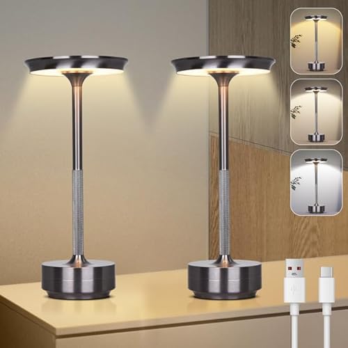 Tischlampe Kabellose LED, 3 Farbtemperaturen Stufenlos Dimmbare Akku Tischleuchte, Touch Lampe mit USB-C, Dunkelgrau Stylische Tischlampe Akku für Innen & Außenbereich, Metall Tischleuchte 2er-Set von Rosnek