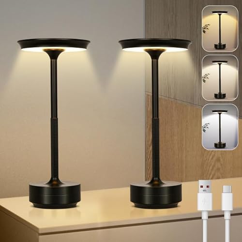 Tischlampe Kabellose LED, 3 Farbtemperaturen Stufenlos Dimmbare Akku Tischleuchte, Touch Lampe mit USB-C, Schwarz Stylische Tischlampe Akku für Innen & Außenbereich, Metall Tischleuchte 2er-Set von Rosnek