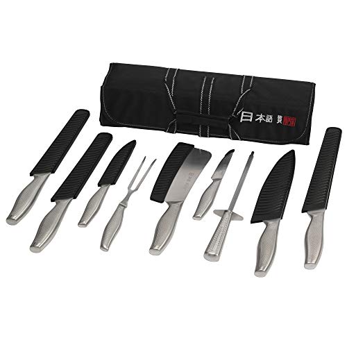 10-teiliges Kochmesser-Set von Ross Henery im japanischen Stil, mit Messerschärfer aus Stahl und Canvas-Tragetasche. von Ross Henery Professional