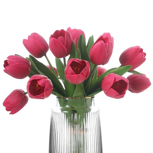 Künstliche Tulpen, Rosenrot, 2 Bündel, 14 Stück, künstliche Tulpen, 5,1 x 6,1 cm, großer Blütenkopf, große Tulpe, Ostern, Valentinstag, Muttertag, Heimdekoration, Blumen von Rosscer