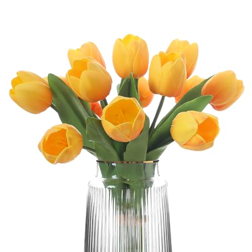 Rosscer Künstliche Tulpen, Orange, 2 Bündel, 14 Stück, künstliche Tulpen, 5,1 x 6,1 cm, großer Blütenkopf, große Tulpe, Ostern, Valentinstag, Muttertag, Heimdekoration, Blumen von Rosscer