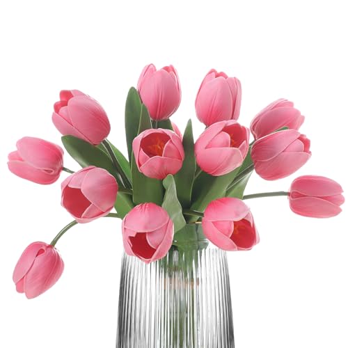 Rosscer Künstliche Tulpen, Rosa, 2 Bündel, 14 Stück, künstliche Tulpen, 5,1 x 6,1 cm, großer Blütenkopf, große Tulpe, Ostern, Valentinstag, Muttertag, Heimdekoration, Blumen von Rosscer