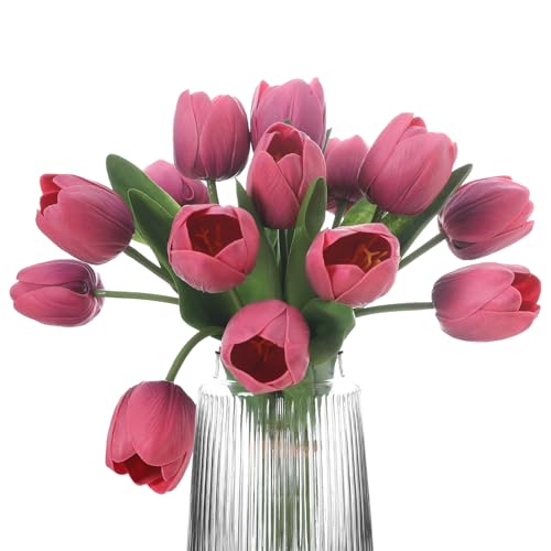 Rosscer Künstliche Tulpen, dunkelrosa, 2 Bündel, 14 Stück, künstliche Tulpen, 5,1 x 6,1 cm, großer Blütenkopf, große Tulpe, Ostern, Valentinstag, Muttertag, Heimdekoration, Blumen von Rosscer