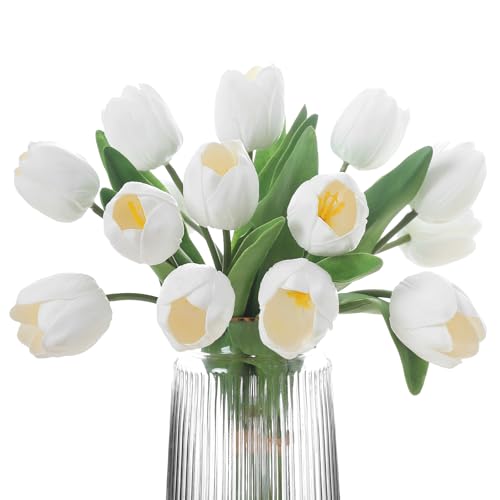 Rosscer Weiße künstliche Tulpen, 2 Bündel, 14 Stück, künstliche Tulpen, 5,1 x 6,1 cm, großer Blütenkopf, große Tulpe, Ostern, Valentinstag, Muttertag, Heimdekoration, Blumen von Rosscer
