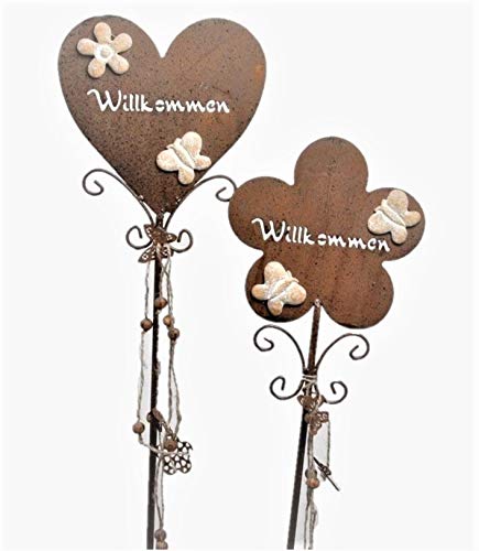 Metall Stecker. WILLKOMMEN. Herz und Blume. Rost. 2 Stück. Gartenstecker. 110 cm. Art.: 31980 (2 Stück) von Rost Deko