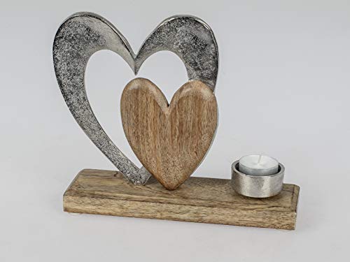 Rostalgie Aluminium Teelichthalter Herz mit Mango Holz 23x20cm Tischdeko Geschenk von Rostalgie