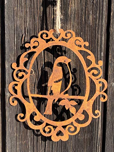 Rostalgie Edelrost Hänger mit Vogel im Ornament an Juteband 19 x 17 cm Garten Dekoration - 1 STÜCK (Metall, Vogel aufrecht sitzend) von Rostalgie