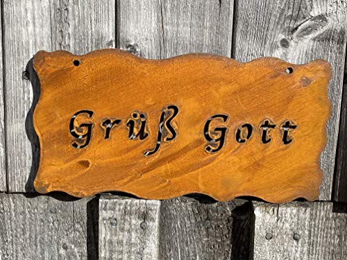 Rostalgie Edelrost Schild Grüß Gott zum Hängen 30 x 15 cm Gartenschild Tafel Wandschmuck von Rostalgie