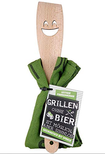 Rostalgie Holz Pfannenwender mit Gesicht + Geschirrtuch mit Spruch Geschenkartikel (Holz, Grün - Grillen ohne Bier) von Rostalgie