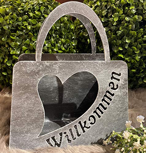 Rostalgie Patina Grau Pflanz-Tasche mit Herz Willkommen klein 24 x 20 cm Garten Deko von Rostalgie