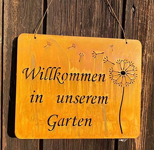 Rostoptik Schild Willkommen in unserem Garten 30 x 24 cm mit Pusteblume von Rostalgie