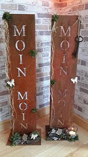 Rostikal | Edelrost Gartendeko Ständer mit Schriftzug Moin Moin | 71 cm hoch von Rostikal