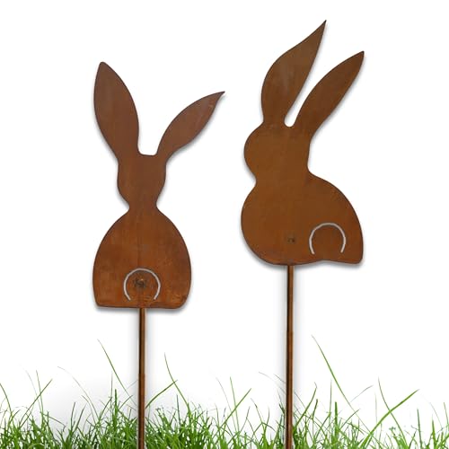 Rostikal 2er Set Osterhase Gartenstecker 15 x 10 cm mit 40 cm Stab Edelrost Gartendeko Osterdekoration von Rostikal