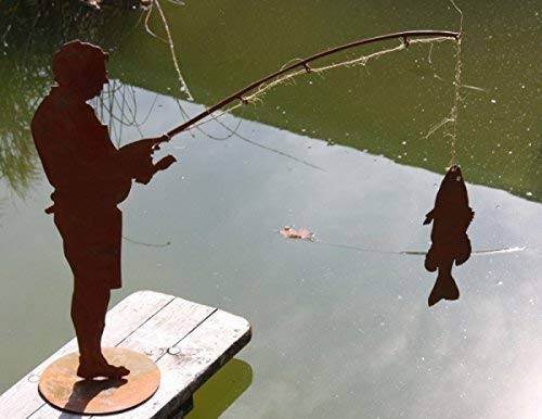 Rostikal | Angler Figur mit Fisch | Teichdeko für Gartenteich aus Stahl Rost | auf Bodenplatte | 60 cm hoch von Rostikal