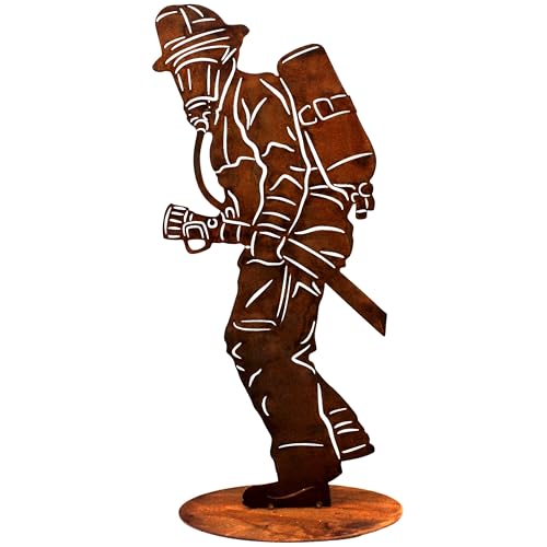 Rostikal Feuerwehrmann Gartenfigur - Heldenhafte Metalldeko 40 cm auf Bodenplatte im Rost-Design Ideal für Außen & Innen - Geschenk für Feuerwehrfans von Rostikal