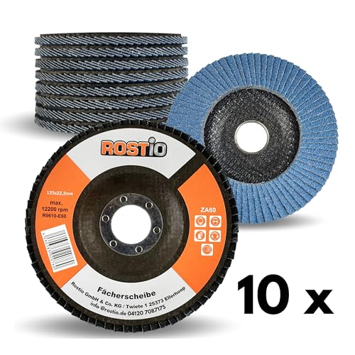 10 x Rostio Fächerscheibe 125 mm Edelstahl Inox Fächer-Schleifscheibe Zirkonkorund Blau Flex/Winkelschleifer (Korn 60) von Rostio