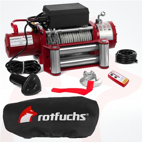 ROTFUCHS Elektrische Seilwinde 12v mit Funkfernbedienung & Schutzhülle – 5909 kg 13000 lbs, 6 PS Power Offroad 4x4 Motorwinde Umlenkrolle Forst Seilzug mit Stahlseil von Rotfuchs