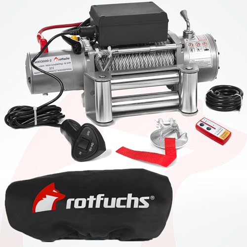 ROTFUCHS Elektrische Seilwinde 12v mit Funkfernbedienung & Schutzhülle – 5909 kg 13000 lbs, 6 PS Power Offroad 4x4 Motorwinde Umlenkrolle Forst Seilzug mit Stahlseil von Rotfuchs