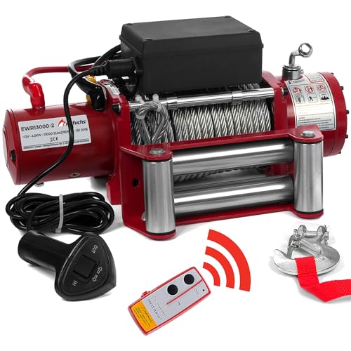 ROTFUCHS Elektrische Seilwinde 12v mit Funkfernbedienung – 5909 kg 13000 lbs, 6 PS Power Offroad 4x4 Motorwinde Bergewinde Forst Seilzug mit Stahlseil von Rotfuchs