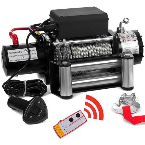 ROTFUCHS Elektrische Seilwinde 12v mit Funkfernbedienung – 5909 kg 13000 lbs, 6 PS Power Offroad 4x4 Motorwinde Bergewinde Forst Seilzug mit Stahlseil von Rotfuchs
