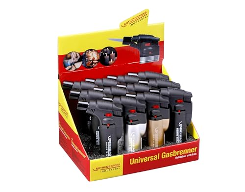 ROTHENBERGER Industrial 12x Sturmfeuerzeug | Universalbrenner | Lötbrenner | wiederbefüllbar | Regulierbare und windsichere Flamme | schwarz, Silber, Kupfer von Rothenberger
