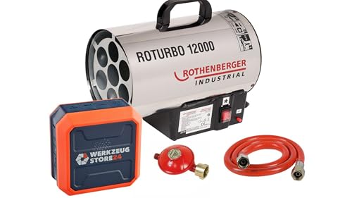 ROTHENBERGER Industrial Gasheizgebläse Gasheizer Heizkanone Heizgerät mit Piezo-Zündung, Schlauch, Regler RoTurbo 12000 | 930° Flammentemperatur | inkl. Bluetooth Lautsprecher bis 30 Std. Betriebszeit von Rothenberger