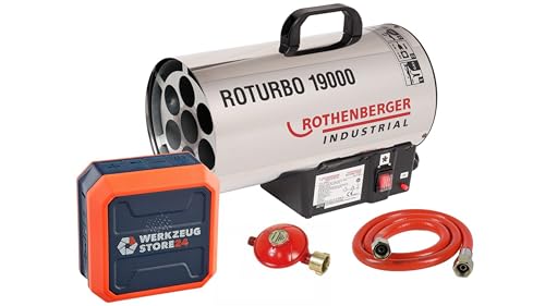 ROTHENBERGER Industrial Gasheizgebläse Gasheizer Heizkanone Heizgerät mit Piezo-Zündung, Schlauch, Regler RoTurbo 19000 | 980° Flammentemperatur | inkl. Bluetooth Lautsprecher bis 30 Std. Betriebszeit von Rothenberger