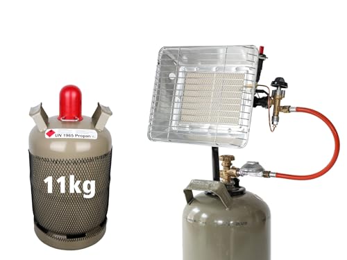 Rothenberger Industrial 4 teiliges Komplett-Paket: Gas Heizstrahler Aufsatzstrahler mit Zündung | 0,4 m Propangasschlauch | 1x Propankonstantregler 50 mbar und Propangas 11 kg leer von Rothenberger