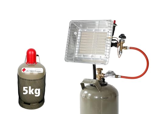 Rothenberger Industrial 4 teiliges Komplett-Paket: Gas Heizstrahler Aufsatzstrahler mit Zündung | 0,4 m Propangasschlauch | 1x Propankonstantregler 50 mbar und Propangas 5 kg leer von Rothenberger