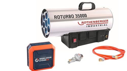 Rothenberger Industrial Gasheizgebläse Gasheizer Heizkanone Heizgerät mit Piezo, Schlauch, Regler RoTurbo 35000 | 1000° Flammentemperatur | inkl. Bluetooth Lautsprecher bis 30 Std. Betriebszeit von Rothenberger