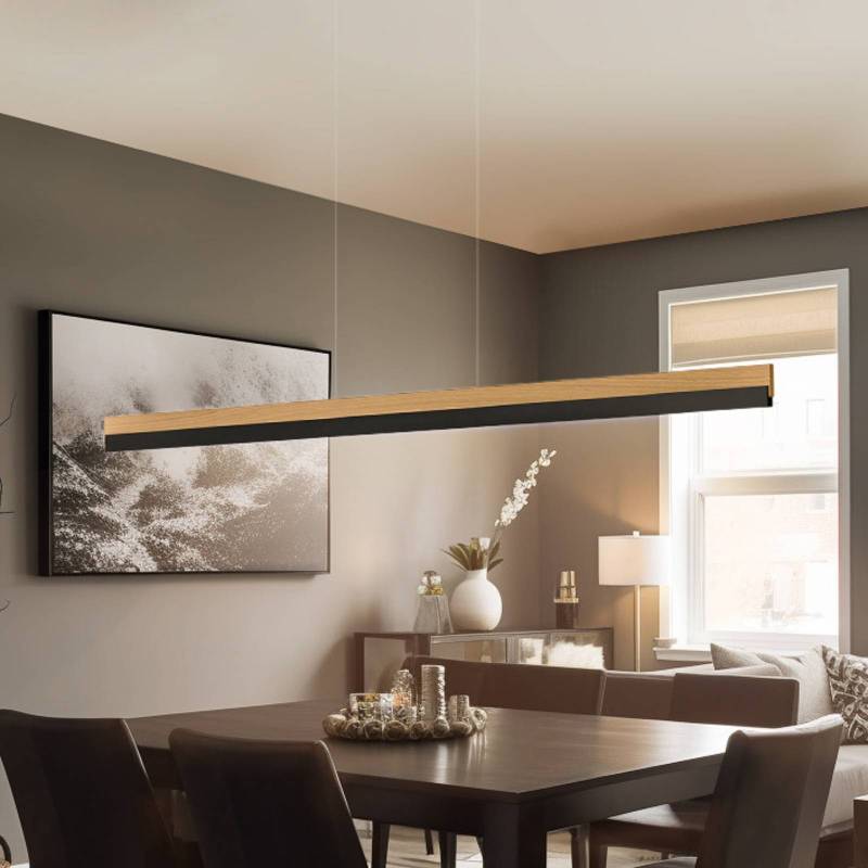 Quitani LED-Hängelampe Keijo, schwarz/eiche, Länge 143 cm von Quitani