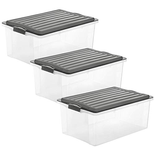 Rotho Compact 3er-Set Aufbewahrungsbox 38l mit Deckel, Kunststoff, anthrazit/transparent von Rotho