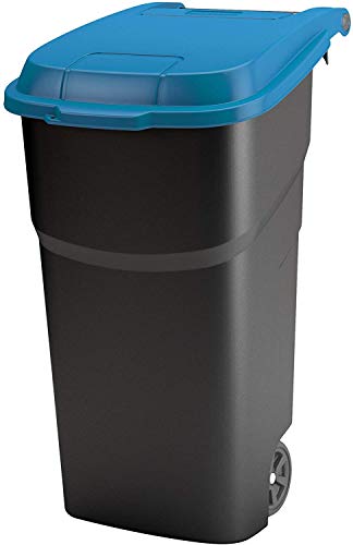 Rotho Atlas Mülltonne 100l mit Deckel und Rollen, Kunststoff (PP) BPA-frei, schwarz/blau, 100l (59,0 x 51,0 x 92,0 cm) von Rotho