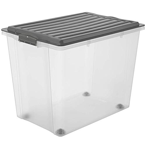 Rotho Compact Aufbewahrungsbox 70l mit Deckel und Rollen, Kunststoff (PP) BPA-frei, grau/transparent, A3/70l (57.0 x 39.5 x 43.5 cm) von Rotho
