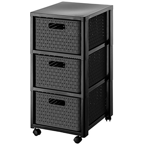 Rotho Country Rollcontainer mit 3 Schubladen in Rattan-Optik, Kunststoff (PP) BPA-frei, anthrazit, 3 x A4/18l (37.5 x 32.5 x 71.2 cm) von Rotho