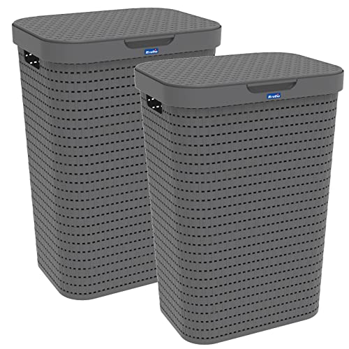 Rotho Country Wäschesammler mit Deckel in Rattan-Optik, Kunststoff (PP) BPA-frei, anthrazit, (2, Anthrazit) von Rotho