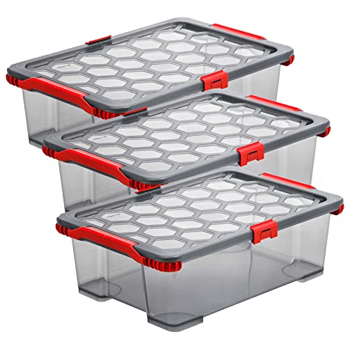 Rotho Evo Total Protection 3er-Set Aufbewahrungsbox 30l mit Deckel, lebensmittelechter Kunststoff (PP) BPA-frei, anthrazit/rot, 30l (59.0 x 39.5 x 18.5 cm) von Rotho