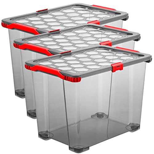 Rotho Evo Total Protection 3er-Set Aufbewahrungsbox 65l mit Deckel, lebensmittelechter Kunststoff (PP) BPA-frei, anthrazit/rot, 3x 65l (59.0 x 39.5 x 41.2 cm) von Rotho