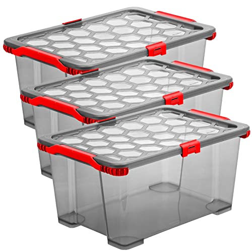 Rotho Evo Total Protection 3er-Set Aufbewahrungsbox mit Deckel 44l, lebensmittelechter Kunststoff (PP) BPA-frei, anthrazit/rot, 3x 44l (59.0 x 39.5 x 28.0 cm) von Rotho