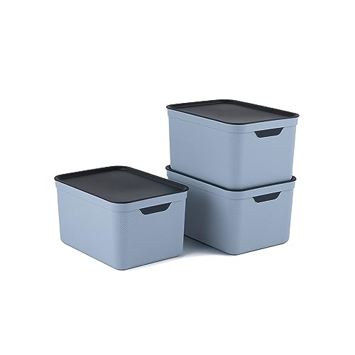 Jive 3er Set Dekobox A4 fog blue 3er- Set Aufbewahrungsbox 16l mit Deckel, Kunststoff (PP recycelt), blau/anthrazit, 3x16l (37.5 x 27.8 x 29.8 cm) von Rotho