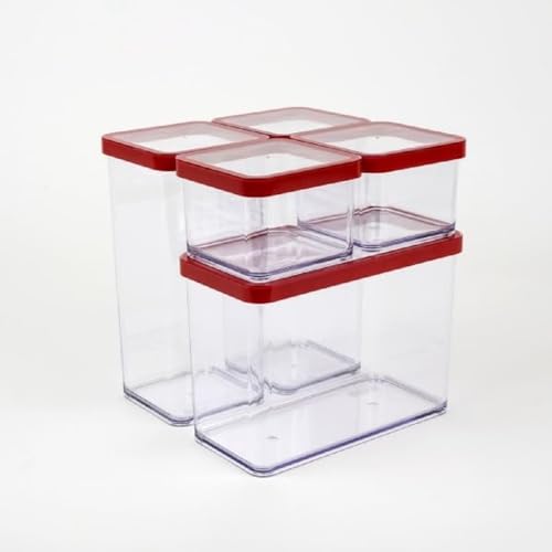 Rotho Loft 5er-Set Vorratsdosen mit Deckel verschiedene Größen, lebensmittelechter Kunststoff (PP) BPA-frei, transparent/rot, (21.4 x 21.4 x 23.5 cm) von Rotho