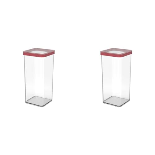 Rotho Loft quadratische Vorratsdose 1,5l mit Deckel und Dichtung, Kunststoff (SAN) BPA-frei, transparent/rot, 1,5l (10,0 x 10,0 x 21,4 cm) (Packung mit 2) von Rotho