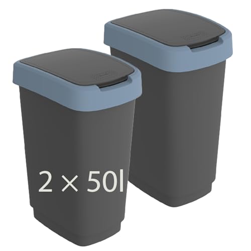 Rotho Twist 2er-Set Mülleimer 50l mit Deckel, als Schwing oder Klappdeckel nutzbar, Kunststoff (PP) BPA-frei, 50l (40.1 x 29.8 x 60.2 cm) von Rotho