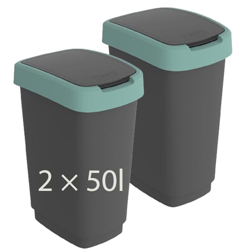 Rotho Twist 2er-Set Mülleimer 50l mit Deckel, als Schwing oder Klappdeckel nutzbar, Kunststoff (PP) BPA-frei, 50l (40.1 x 29.8 x 60.2 cm) von Rotho