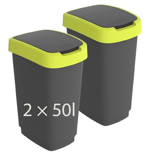 Rotho Twist 2er-Set Mülleimer 50l mit Deckel, als Schwing oder Klappdeckel nutzbar, Kunststoff (PP) BPA-frei, 50l (40.1 x 29.8 x 60.2 cm) von Rotho